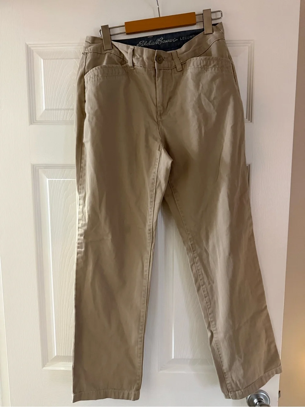 Eddie Bauer Legendwash Cotton Tan Khaki Pants with Blue Waistband Detail - Picture 1 of 8